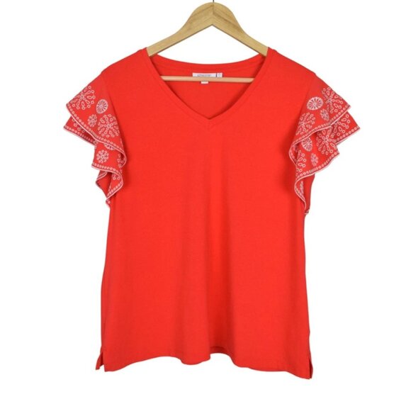 CHICO'S COTTON RED EMBROIDERED FLUTTER SLEEVE TOP - Picture 1 of 7